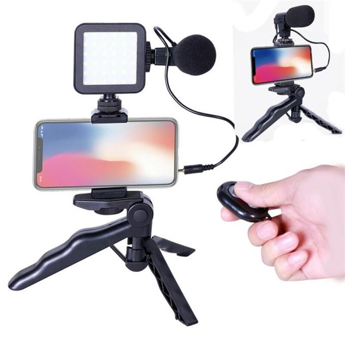 Portable Cell Phone Camera Travel Tripod Vlogging Kit with Microphone LED Light for Video Interview Live Broadcast Cell Phone Stand