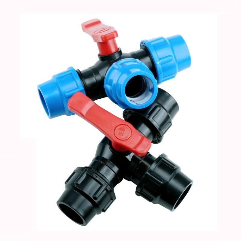 32mm Plastic Core Ball Valve T Type 3 Ways Blue Black Caps Adapter PE Pipe Fittings Quick Connector For Irrigation