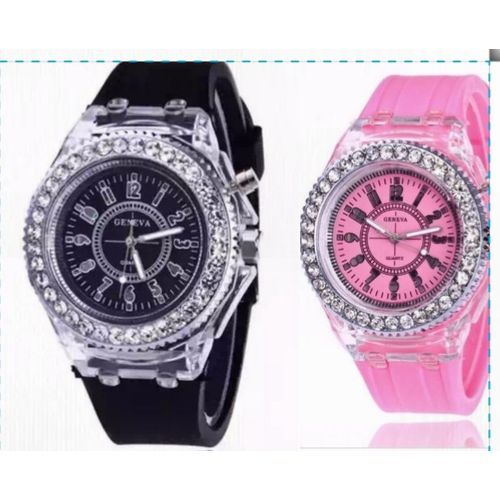 2 Pieces Couple Luminous Led Wrist Watch, Black And Pink