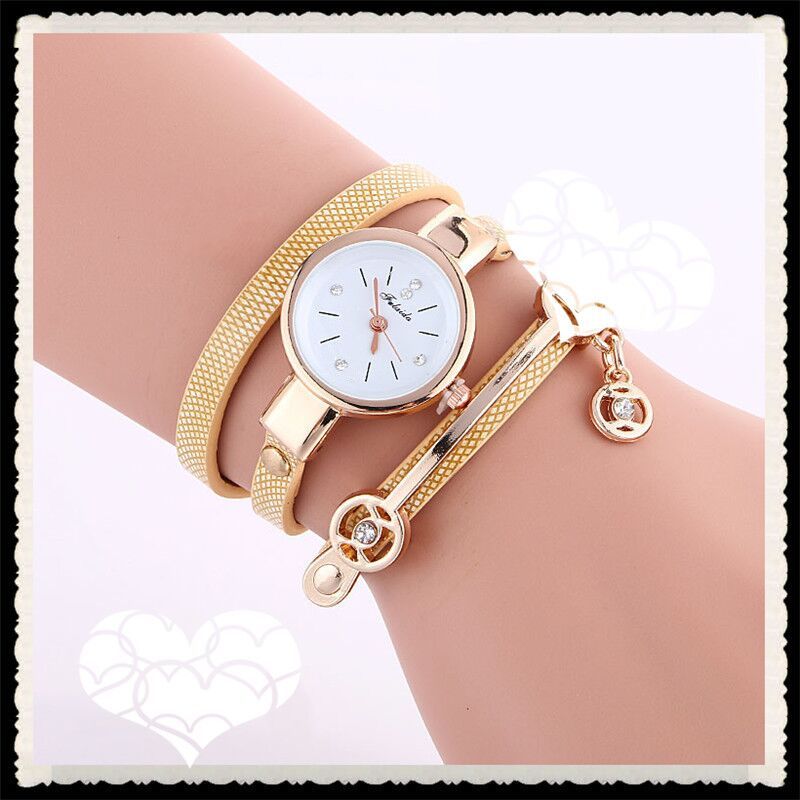 Carude Elegant Fashion Women Leather Rhinestone Wrist Watch-Gold