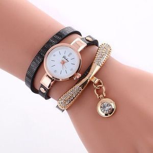 Elegant Fashion Women Leather Rhinestone Wrist Watch-Gold W01-BK