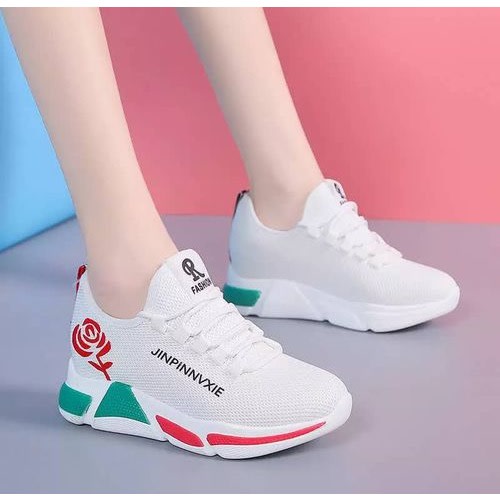Casual Ladies' Sneakers With Flowers -white