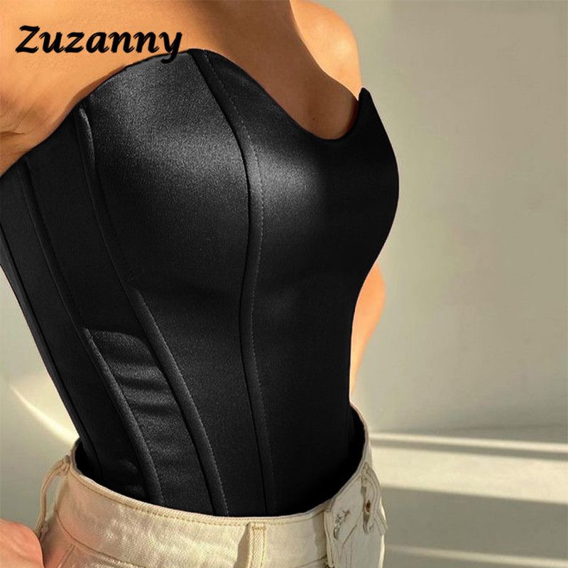 (Black)Irene White Off Shoulder  Satin Crop Corset Tops Women Casual Summer Strapless Bustier Outfits Ladies Wrap Tube Tops WAR
