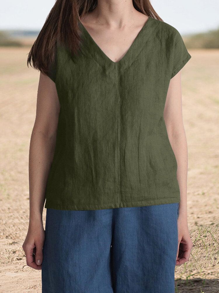 Cotton V Neck Short Sleeve Casual Blouse-Navy