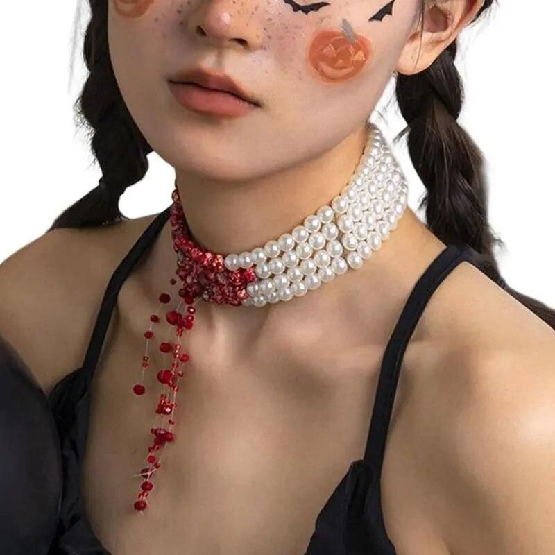 Blood Necklace Vampire Accessories For Women Dripping Blood Dripping Imitation Pearl Necklace Vampire Accessories For Women