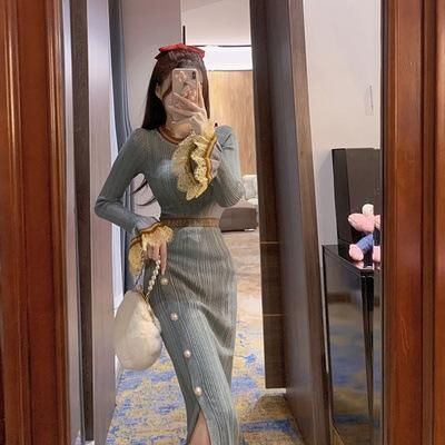New French Celebrity Skirt Knitted Dress 2020 Women's Autumn and Winter High end Long Woolen Dress