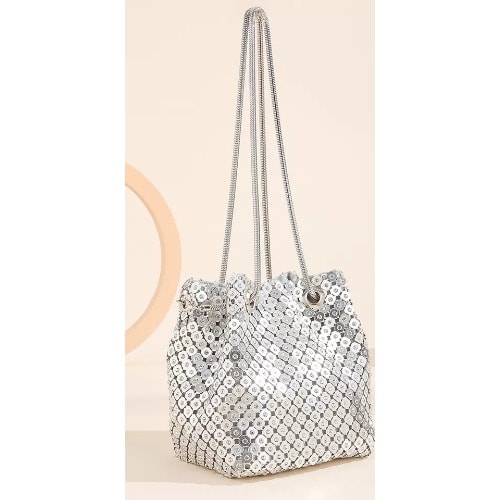 Crystal Sequins Bucket Shaped Purse - Silver