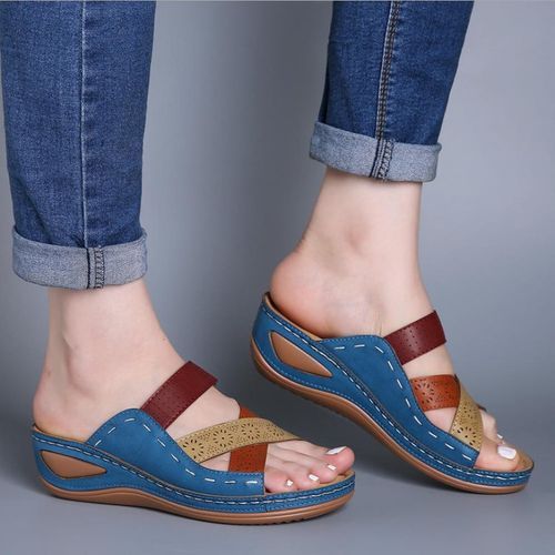 Ladies AALP Sandals Wedge Heels Large Size Flat Sandals And Slippers-Sky Blue