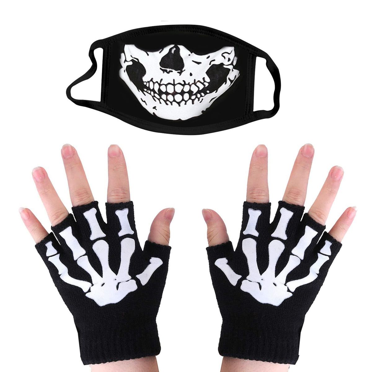Skeleton Gloves Stretchy Fingerless Hand Warmer Skeleton Pattern Gloves Winter Warm Luminous Gloves and Skull Face Mask Black