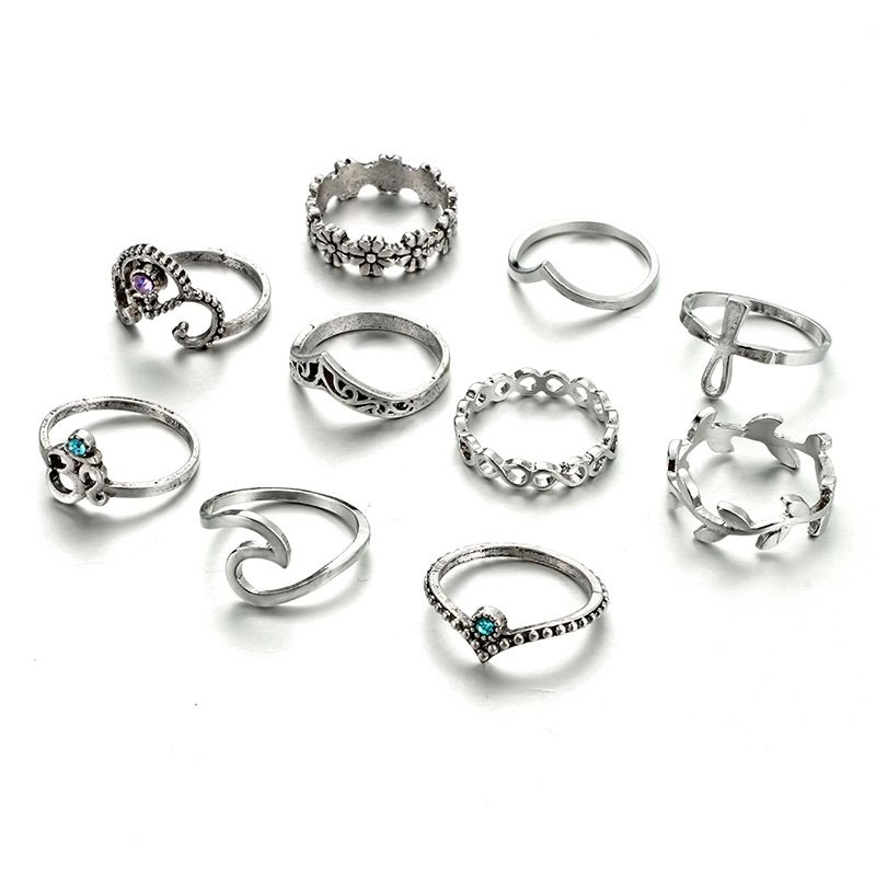 10 PCS/Set Bohemia Vintage Crystal Openwork V-shaped Flower Ring Set