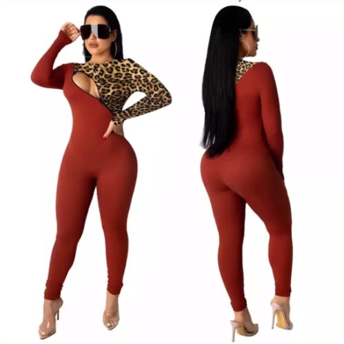 Leopard Print Patch Work Long Sleeve Jumpsuit