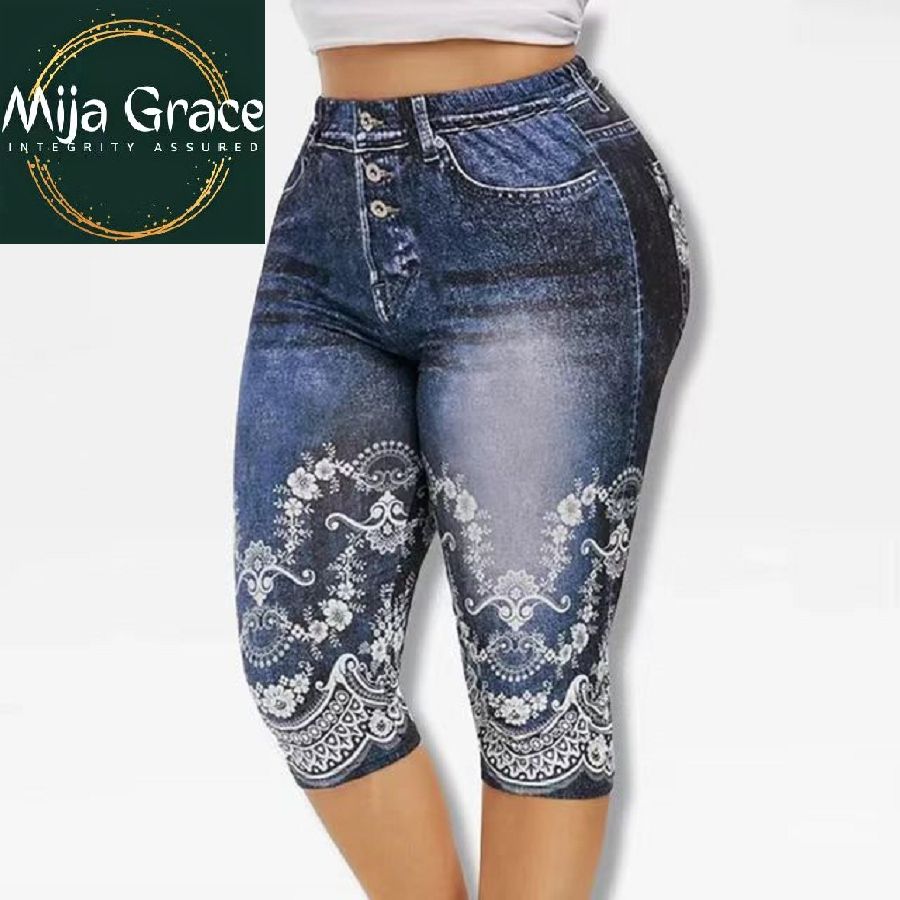 {MijaGrace} Women's Fashion Denim 3/4 Yoga Pants - Dark Blue
