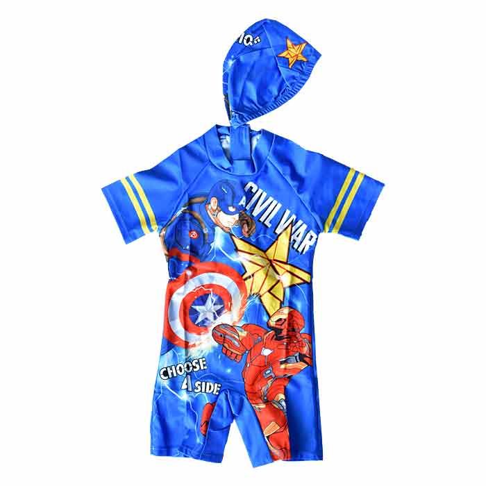 2 Pieces Swimming Suit  With Cap -Blue