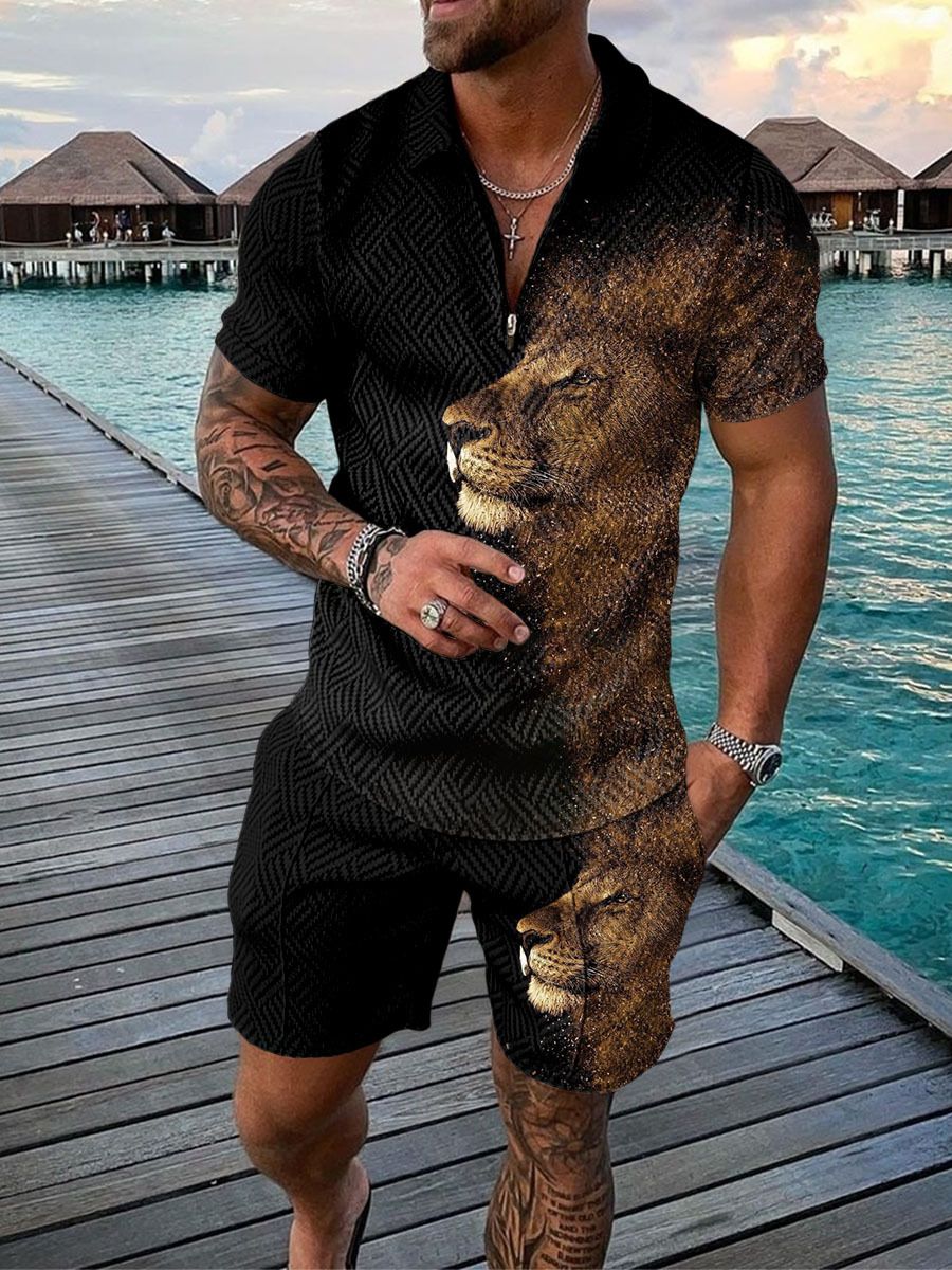 Men's Fashion Zip Short Sleeve Shorts Suit Comfortable Casual