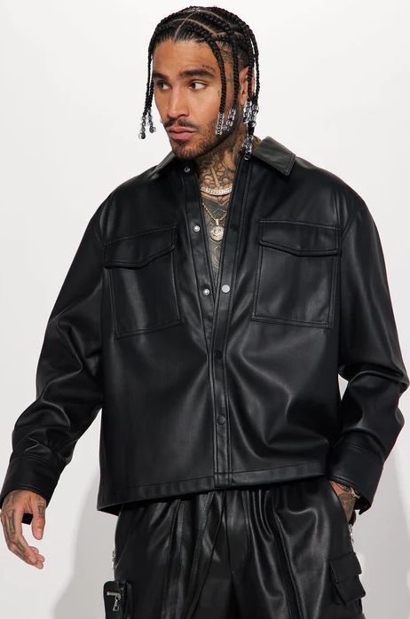 Night Out Faux Leather Shacket With Short - Black