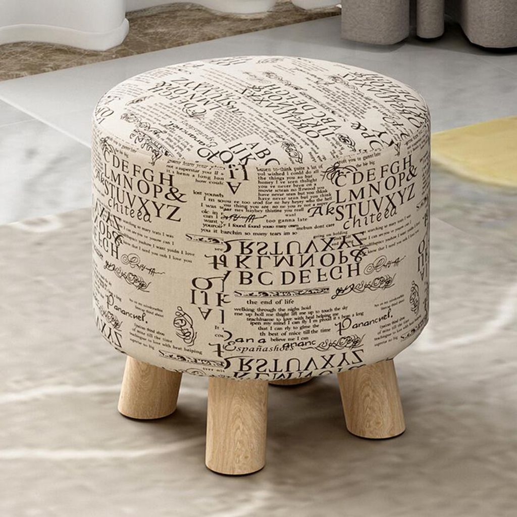 Round Linen Fabric Footstool Cover Wooden Stool Slipcover Word 28x18cm