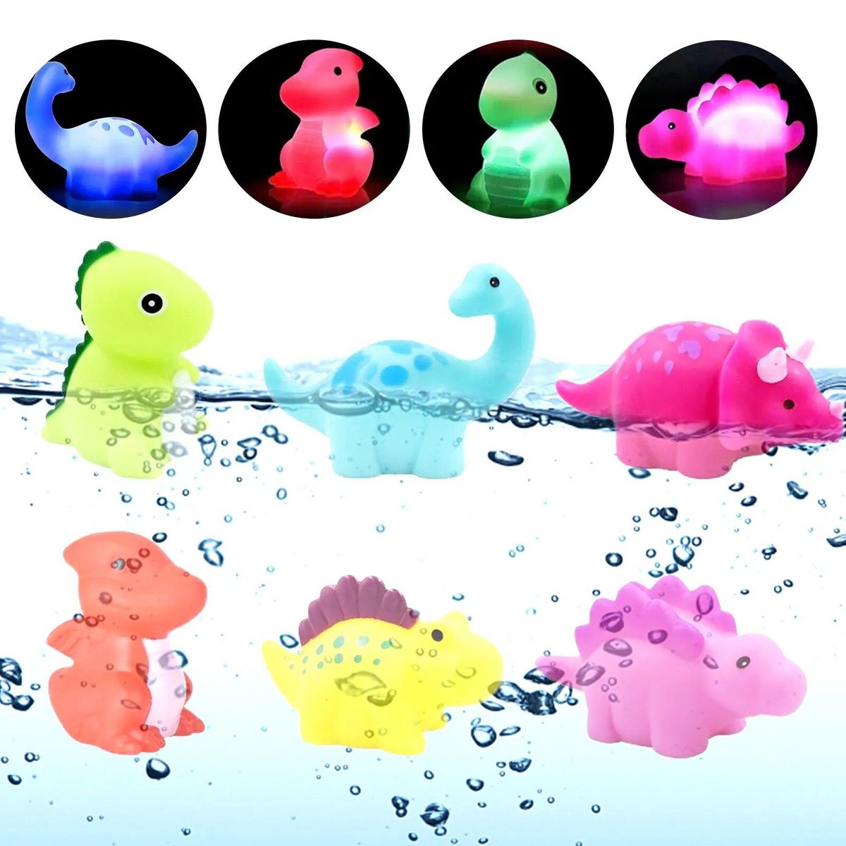 6pcs Cute Dinosaur Bathtub Birthday Toddler Swimming Pool Shower Vinyl Baby Bath Toy LED Light Up Waterproof Cartoon Floating