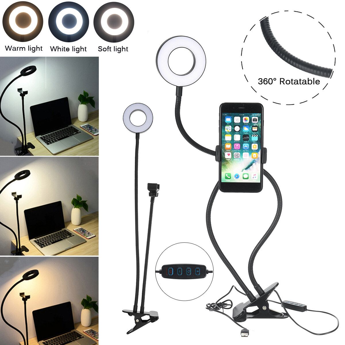 Portable Ringlight 9cm LED Dimmable USB Ring Light 360°Rotatable With Long Flexible Arm Selfie Holder For Vlog Video Beauty Makeup Video Live Portrait Tiktok Phone Photography Black