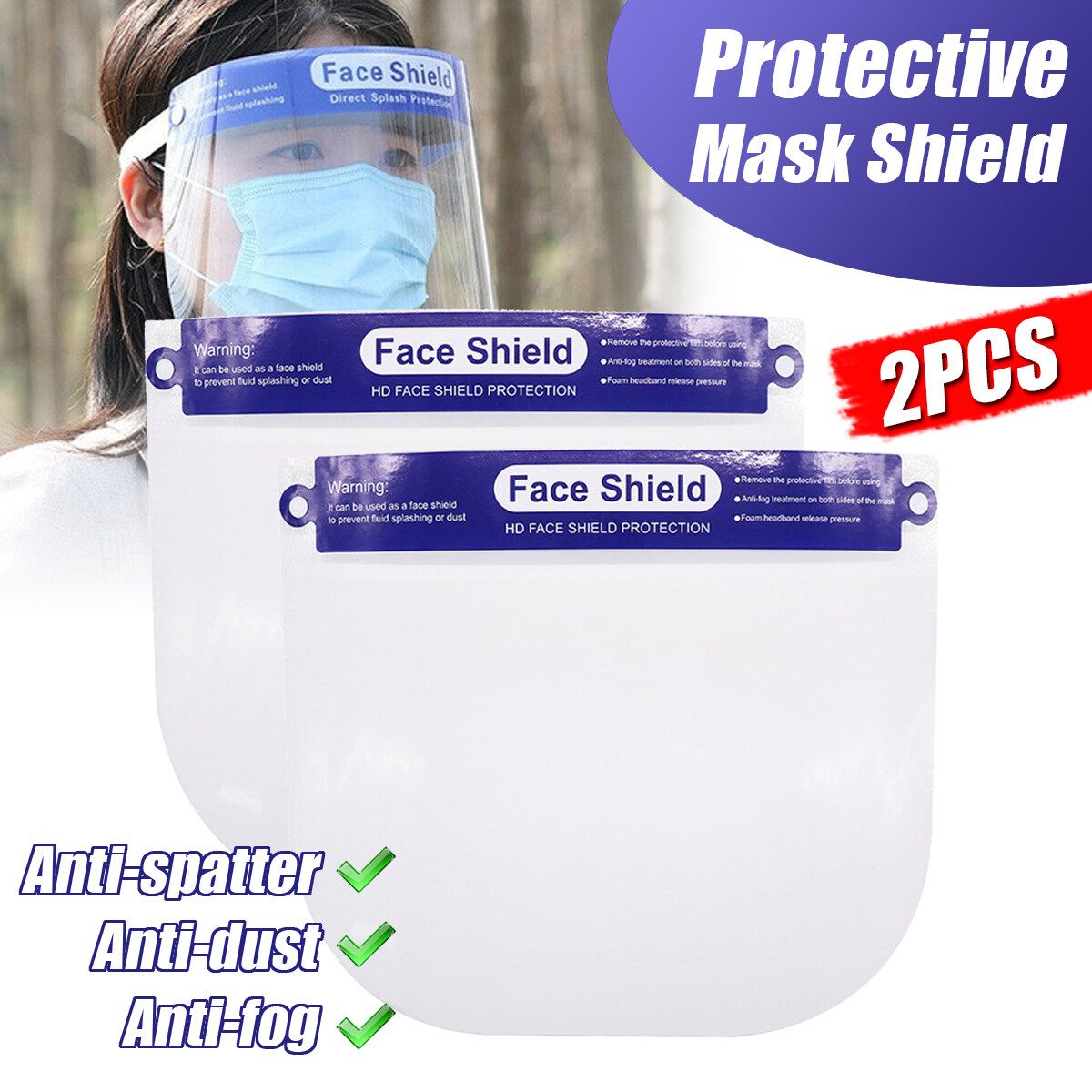 2PCS Transparent Adjustable Full Face Clear Protective Film Shield Plastic Anti-fog Safety