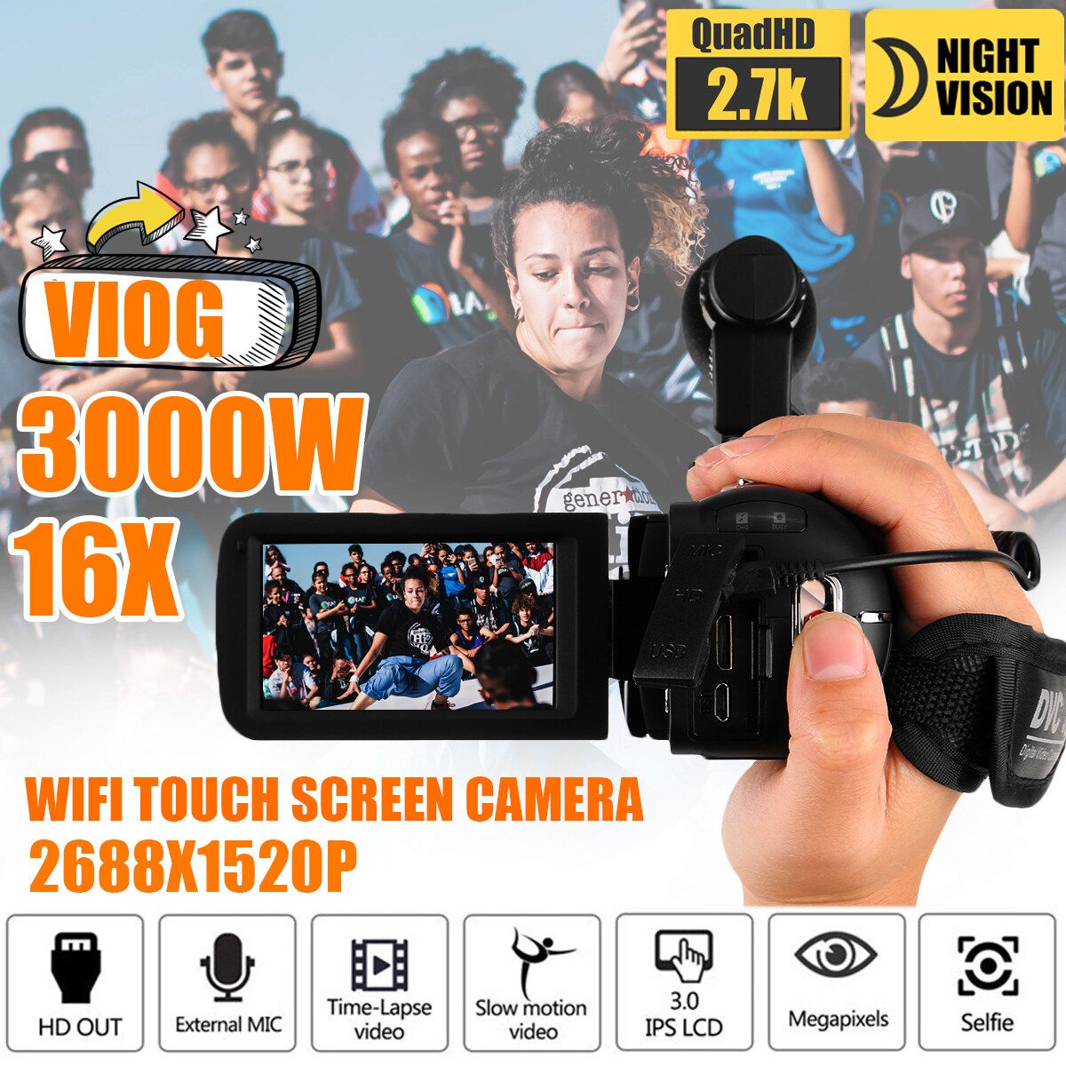 1080P HD 30.0MP Touch Screen Camcorder Video Camera Ultra Wi-Fi Digital Camera Night Vision 16X Digital Zoom Recorder With/ Without External Microphone Camera And Microphone