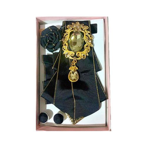 Luxury Bow Ties With Glassy Brooch- Black