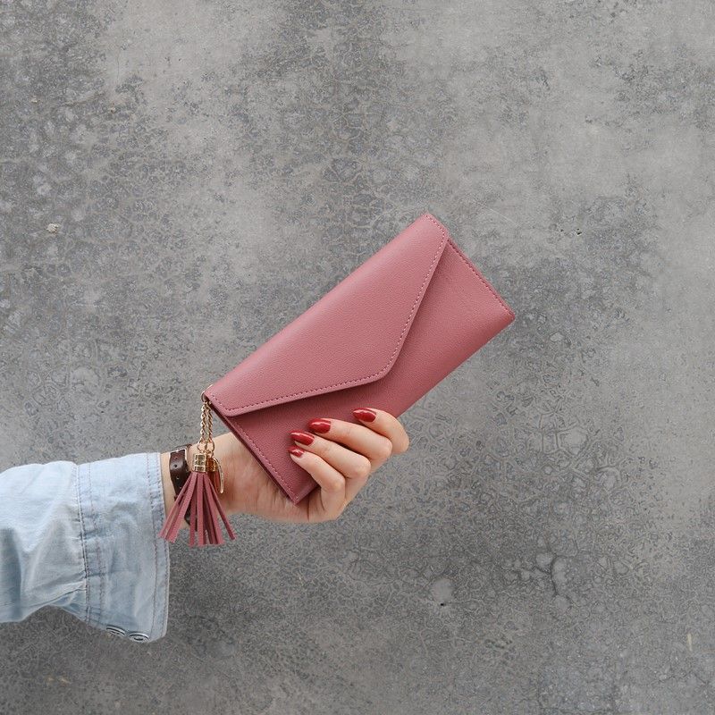 (Dark Pink)Simple Cheap Solid Hasp Long PU Purses Card Holder Fashion Tassel RA