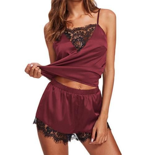 (Wine Red)2Pcs/Set Pajamas Women Lace Trim Sleeveless Strappy Pajamas Shorts Sleepwear Nightwear Sleeveless Strapless Pijamas 3XL GRE