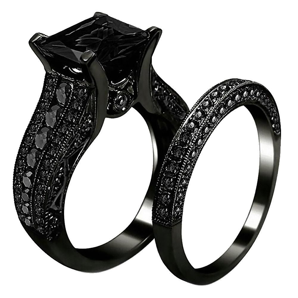 2Pcs/Set Women Square Cubic Zirconia Finger Ring-Black