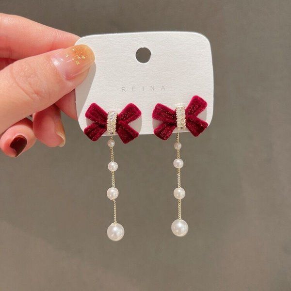Crystal Bow Knot Drop Earrings For Women Exquisite Red Pearl Bowknot