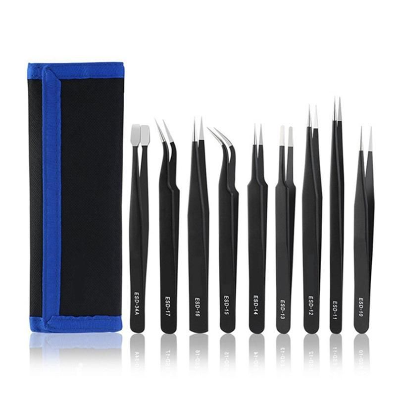 Anti-Static Tweezers Combination Set Cloth Bag 9-Piece