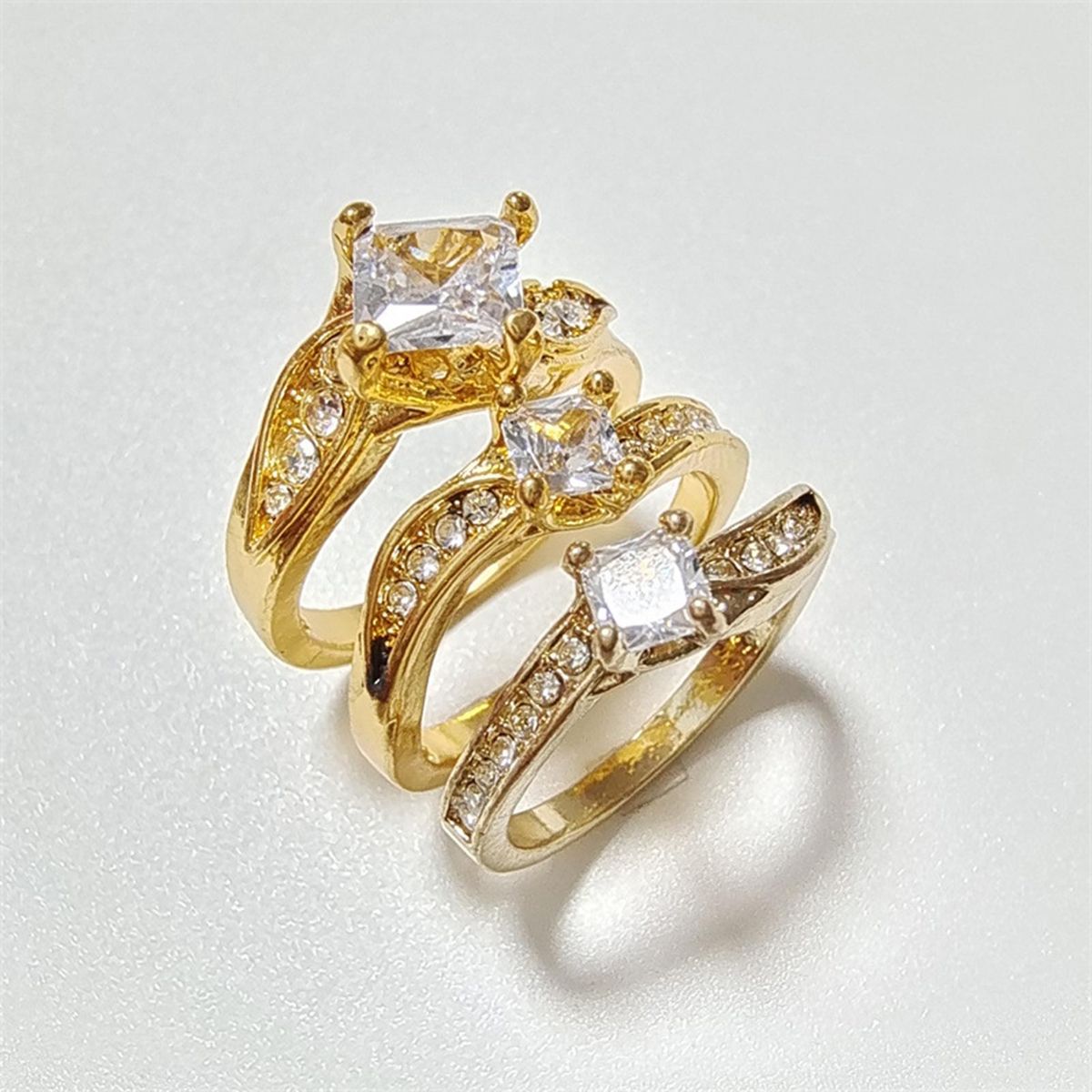 3PcsSet Ladies Rings Plated Cubic Zirconia Wedding Rings Golden