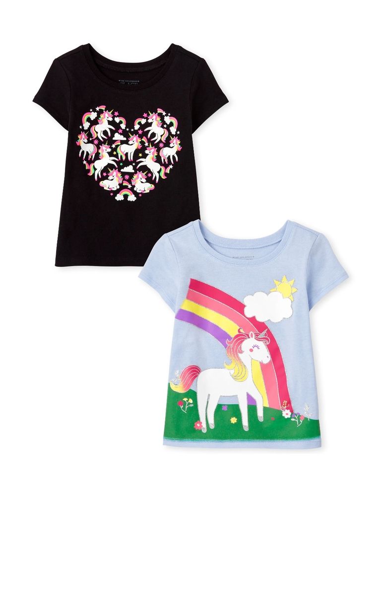 Girls Glitters All Over Rainbow Unicorn Heart Graphic Top- 2 In 1 Pack