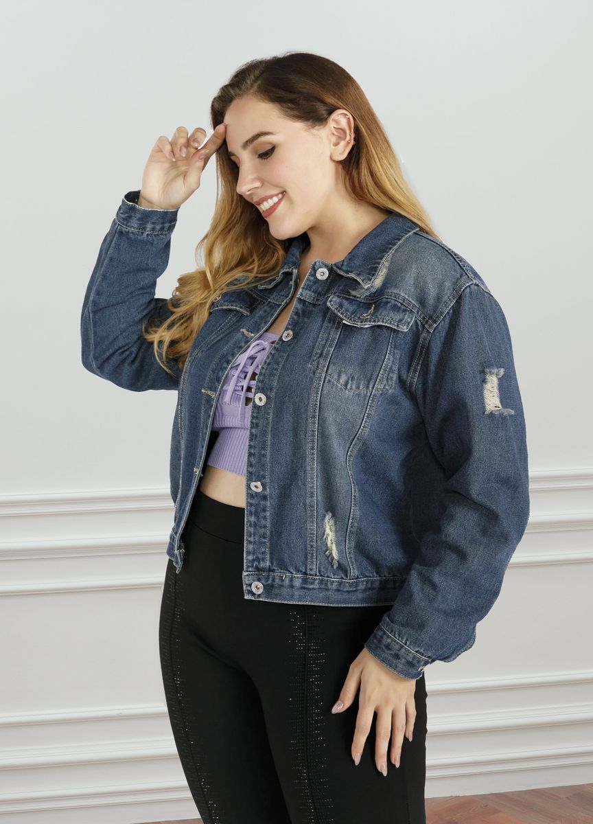 Women's Fall Button Front Ripped Crop Dark Wash Denim Jacket