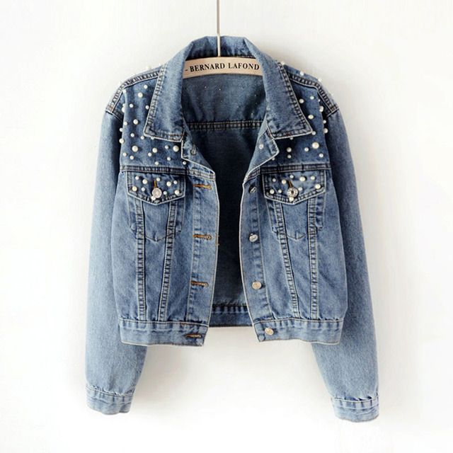 Spring Pearl Beading Crop Denim Jackets