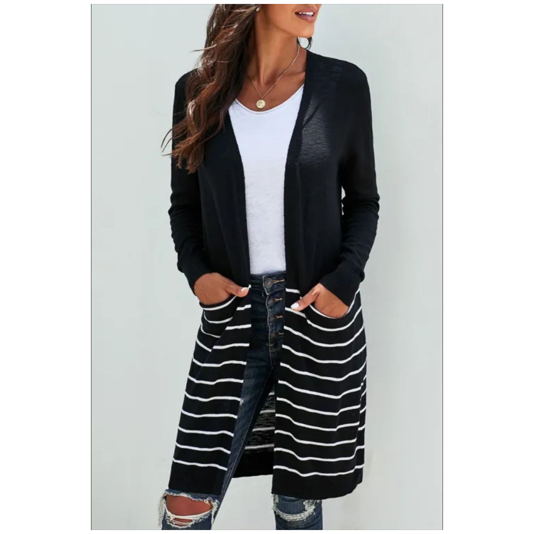 R Black Open Front Long Sleeve Striped Cardigan