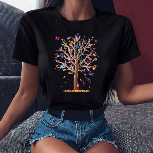 Ladies Short Sleeve T-shirt Butterfly Tree Design Black