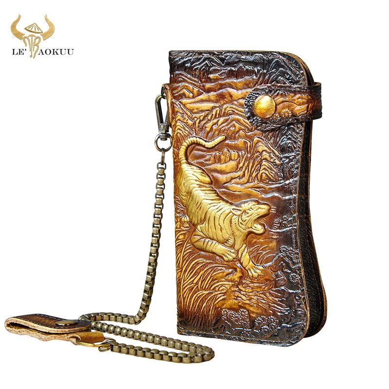 Luxury Famous Brand Male Natural Leather Design Dragon Emboss Checkbook Iron Chain Organizer Wallet Purse Clutch Handbag 1088 Color Gold-gt JIE