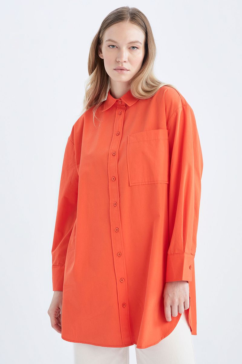 Woman Regular Fit Shirt Neck Long Sleeve Woven Tunic-Orange