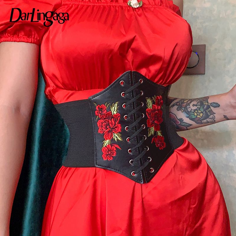 (Floral Corset Top)Darlingaga Gothic Dark Lace Up Crop Top Women Corset Belt Slim Cummerbunds PU Leather Top Harness Bustier Tops To Wear Out 2021 WAR