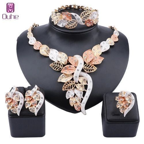 Gold Silver Bronze Plated Silver Studded Costume Jewelry Set Bridal Necklace