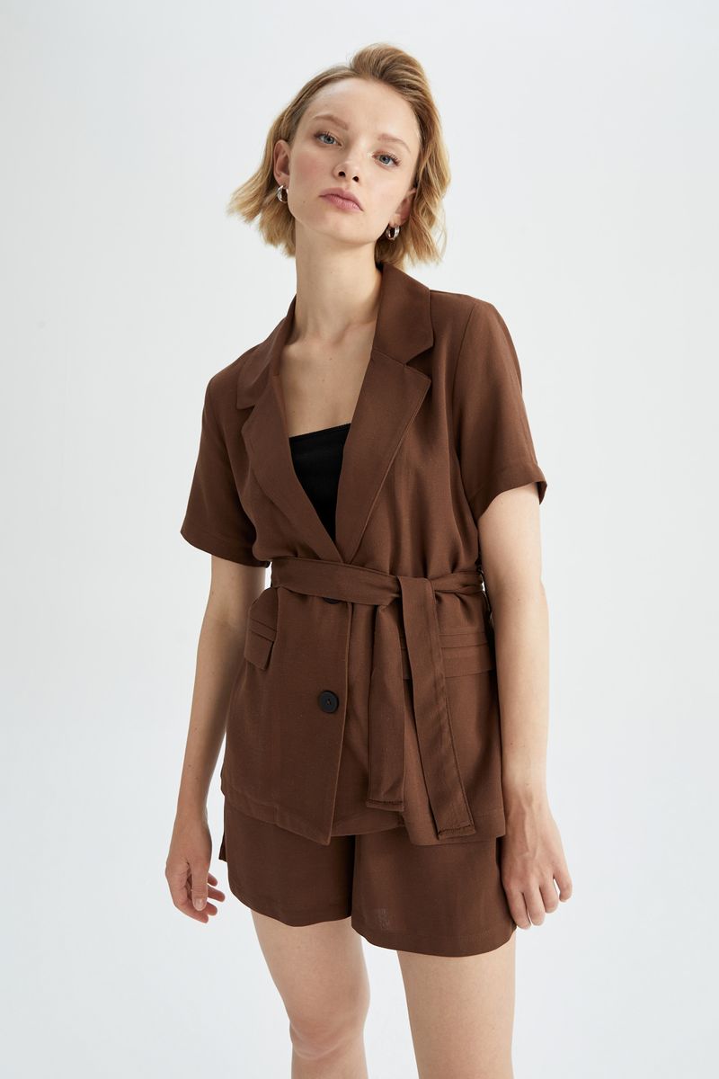 Woman Smart Casual Regular Fit Regular Short Sleeve Blazer - Brown