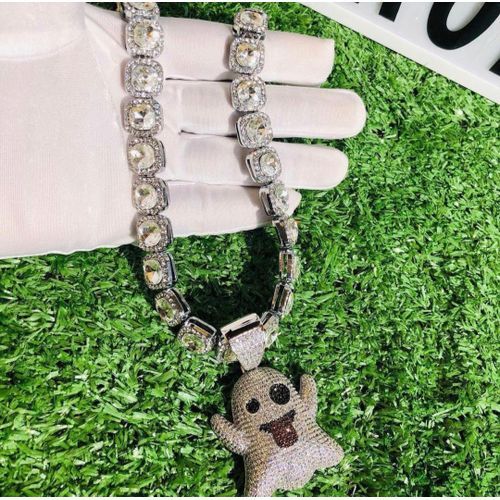 Iced 2 In 1 Set Of Cuban Chain With Pendant Silver