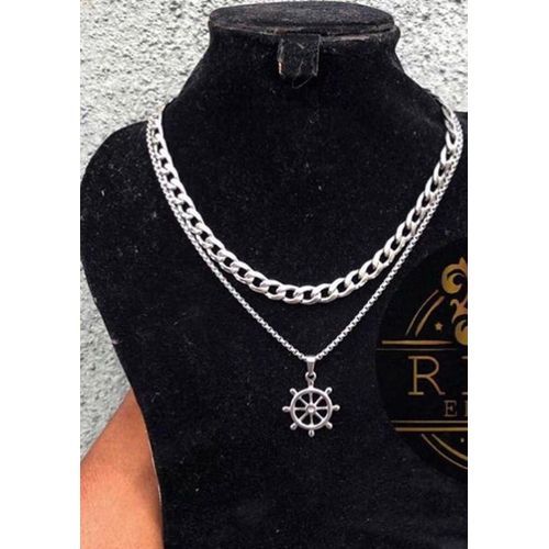 Men's Set Of Cuban Chain With Steering Silver Pendant