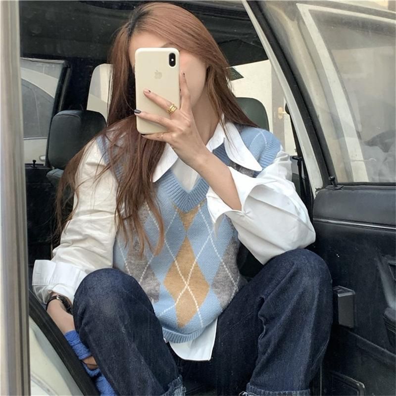 Lingge Knitted Vest Women's 2022 Autumn/Winter New Korean Edition Lazy Sweater Tank Top with V-neck