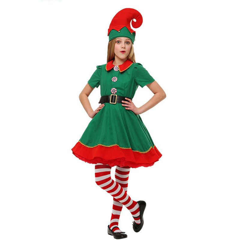 Family Christmas Santa Claus Costume For Girls Boys Green Elf Cosplay  Year