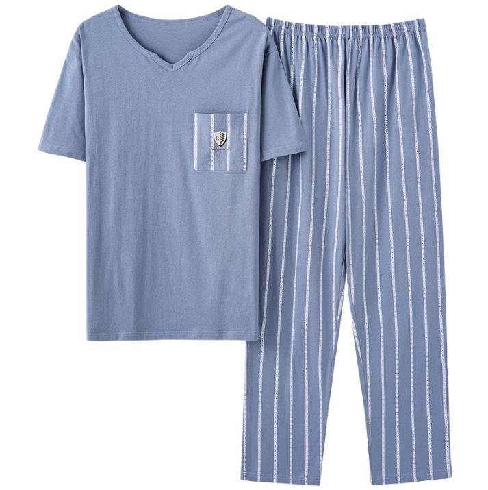 Summer Knitted Cotton Mens Pyjamas Casual Short Tops Lattice Long Pants Sets V-neck Pajamas Fashion Men Sleepwear Homewear M36 Size 4XL ASIA(90-100Kg)