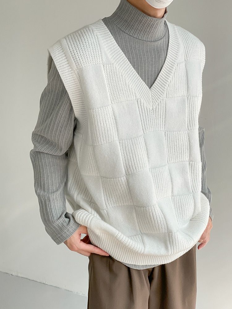 Plaid Sweater V-Neck Men Knitted Vest Loose Sleeveless Fashion  Solid-white