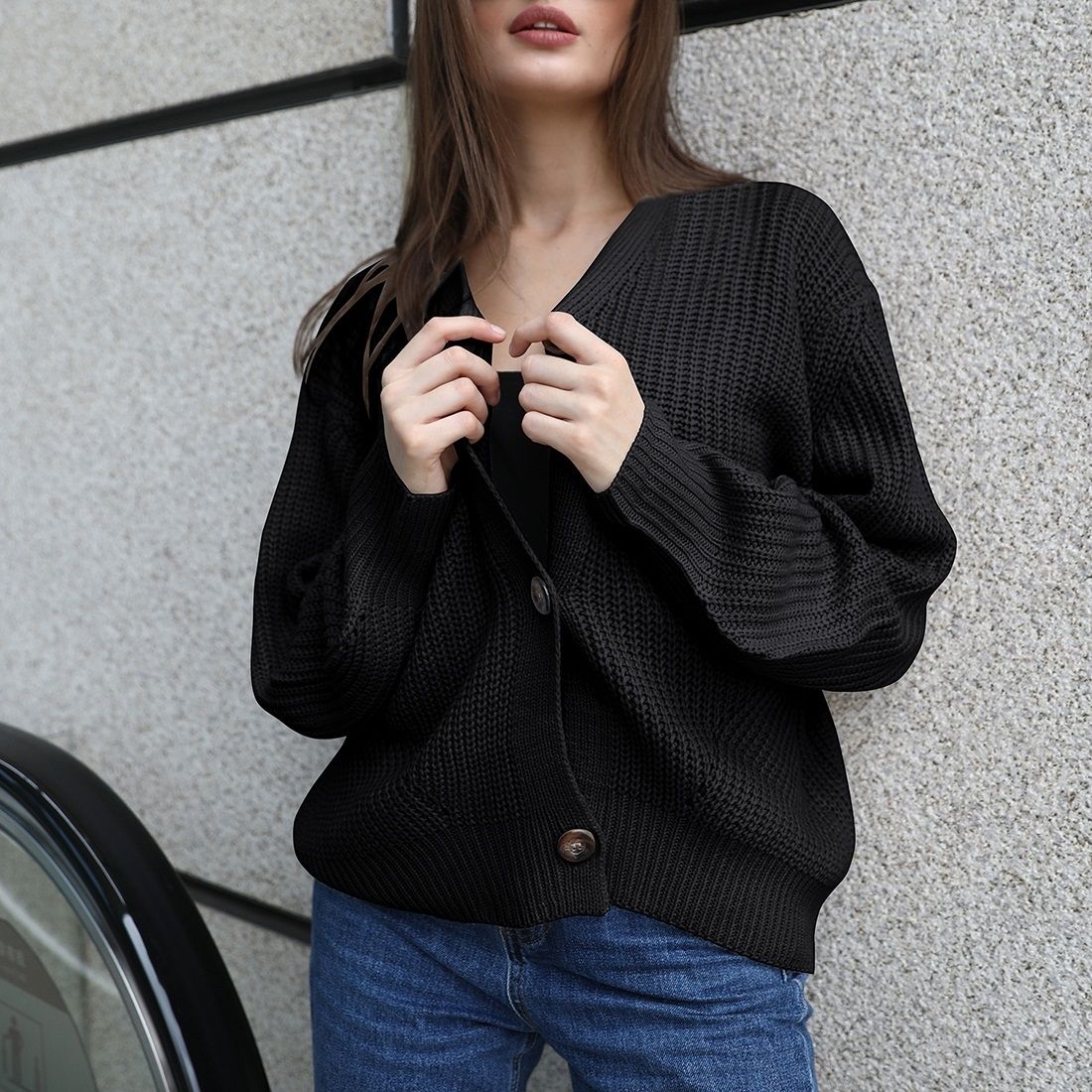 Cardigan Solid Color Knit Button Sweater (Black)