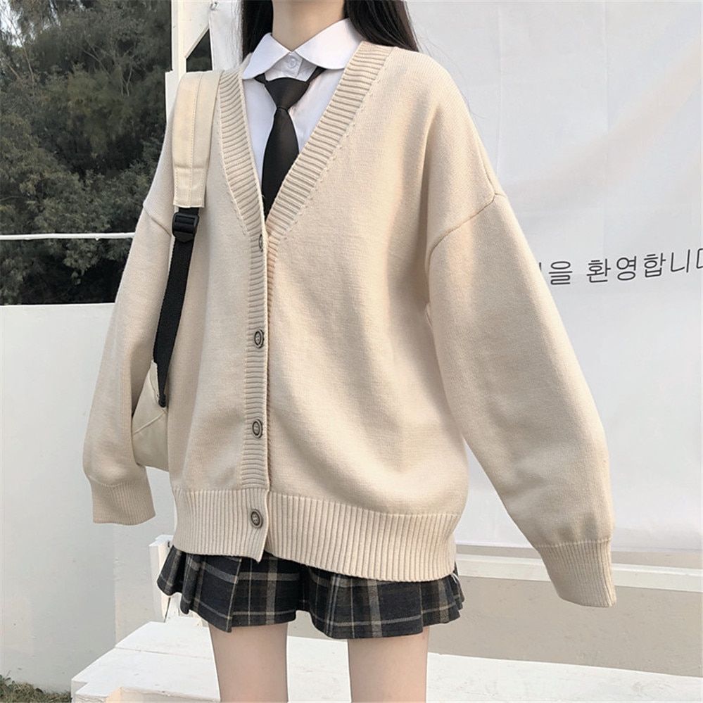 Korean Japanese Sweater Female Outer Wear Sweater Coat School Uniform-Apricot