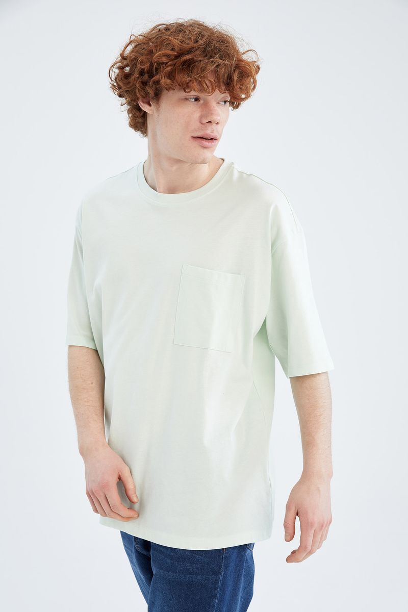 Man - Crew Neck Short Sleeve Oversize Fit Knitted T-Shirt-Turquoise